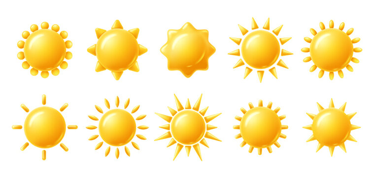 Sun 3D icons. Yellow brightness symbol, sun with rays shape, clear sunny day and hot temperature weather vector illustration set