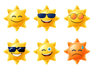 Sun 3D character. Happy yellow sun emoji with smiled face and sunglasses, hot summer season vector illustration set
