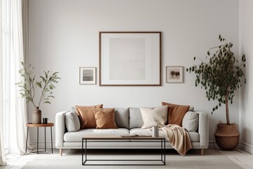 Fototapeta premium Blank White Picture Frame in Bright Living Room generative AI