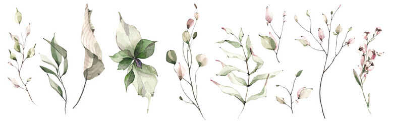 Watercolor floral set of pink, green leaves, greenery, branches, twigs etc. Cut out hand drawn PNG illustration on transparent background. Watercolour clipart drawing.
