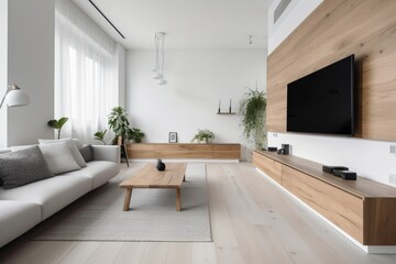 Modern Living Room with Sleek TV Cabinet and White Wall generative AI