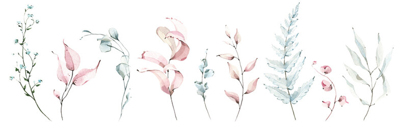 Watercolor floral set of pink, blue leaves, greenery, branches, twigs etc. Cut out hand drawn PNG illustration on transparent background. Watercolour clipart drawing.