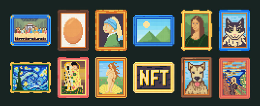 Pixel art framed paintings. Pixelated picture, 8-bit drawing image and digital art gallery vector illustration set