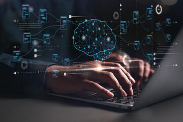 neural, technology, processor, network, link, system, intelligence, innovation, ai, process. typing data to learning neural network link system technology for training artificial intelligence.