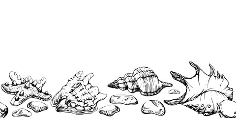 Hand drawn vector ink shell, colorful sea glass, starfish. Seamless horizontal banner. Isolated on white background. Design for wall art, wedding, print, fabric, cover, card, tourism, travel booklet.