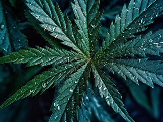 leaves and flowers of marijuana with water drops