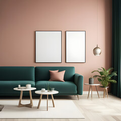 Modern living room with green sofa, tree, white table, wall frame mock up created by generative AI technologgy