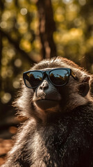 portrait a Monkey wearing a sunglass in the forest, world sun glass day Generative Ai 