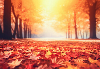 Naklejka na ściany i meble AI generative. Falling leaves natural autumn background