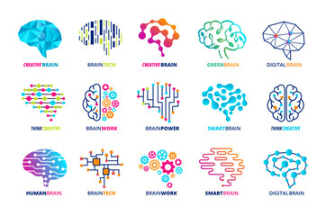 Brain emblem template. Smart assistant, ai and human brains, neural engine and creative mind vector icons set - obrazy, fototapety, plakaty