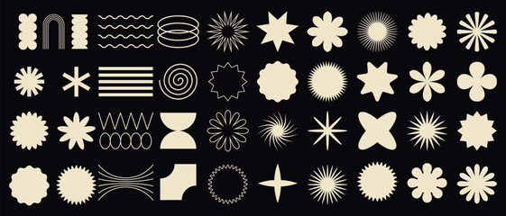 Big vector set of brutalist geometric shapes. Trendy abstract minimalist figures, stars, flowes, circles. Modern abstract graphic design elements.Vector - obrazy, fototapety, plakaty