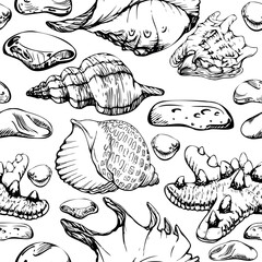 Hand drawn vector ink beach assorted colorful sea glass, shells and starfish. Seamless pattern. Isolated on white background. Wall art, wedding, print, fabric, cover, card, tourism, travel booklet.