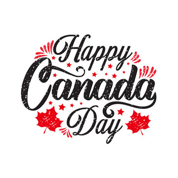 Happy Canada Day Holiday Invitation Design. Red Leaf Isolated on a white background. Greeting card with hand drawn calligraphy lettering.  Concept of Happy Canada Day.