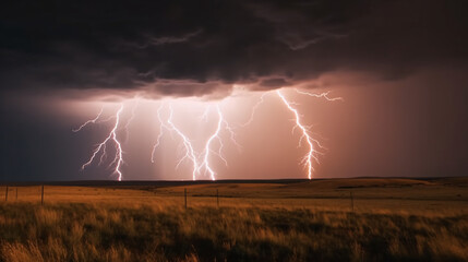 Electrifying Nature: A Powerful Thunderstorm with Lightning Striking the Ground, generative AI