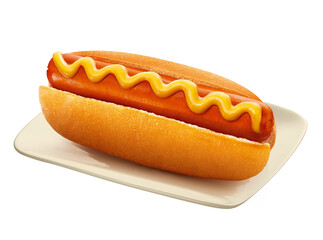 Prato com cachorro-quente acompanhado de mostarda isolado em fundo transparente - hot-dog com mostarda