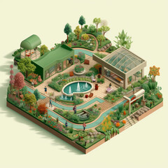 3D isometric illustration of a botanical garden created with generative AI software