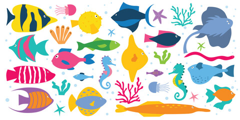 Set of sea fish, corals and algae. Isolated white background. Set from flat illustration.