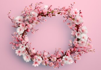 a wreath of pink flowers with pink accents Generative AI