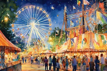 Foto auf Leinwand A painting of a amusement park with a Ferris wheel, lots of people, colorful lights and decorations (Generative AI, Generativ, KI) © Teppi