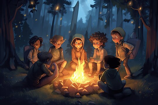 A group of children gathered around a campfire and told ghost stories (Generative AI, Generativ, KI)
