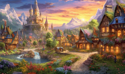 mittelalterliches Fantasiedorf. generative KI