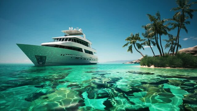 luxury yacht on the azure coast with palm trees. White yacht on the shore of a tropical island. Turquoise water, palm trees on the shore. 3d animation