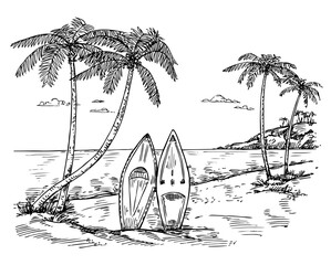 Hand drawn surf paradise. Sketch palm trees, surfboard and tropical beach vector background illustration - obrazy, fototapety, plakaty