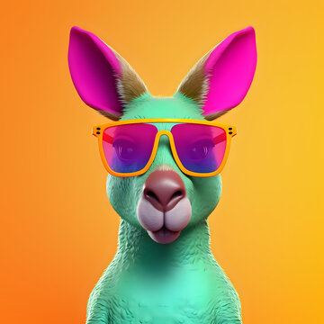 Adorable cute green kangaroo in cool funky shades, minimalist orange yellow background, generative AI