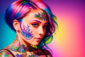Naklejka na ściany i meble Portrait of a handsome young woman with colorful hair and tattoos on face and body. Generative AI.
