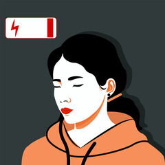 Vector illustration in a flat style, psychological problems of modern society, the concept of a girl with a syndrome of emotional burnout and mental exhaustion.