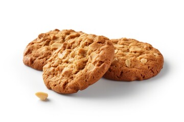 Closeup of freshly baked oatmeal cookies, highlighting their warm, golden-brown texture and delicious, homemade taste, isolated on a white background, generative ai - obrazy, fototapety, plakaty