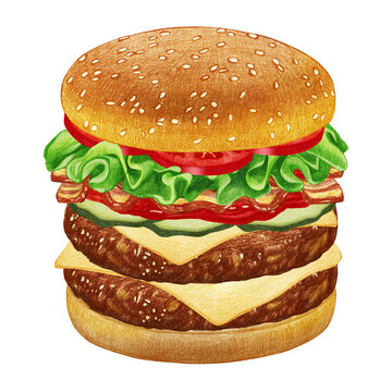 Double Cheeseburger. Hand-drawn illustration, digitally colored. 