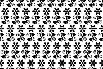 Abstract floral seamless pattern. Black and white stylized, decorative design. Endless repeating monochrome pattern with flat floral design elements.