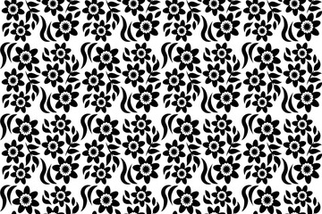 Abstract floral seamless pattern. Black and white stylized, decorative design. Endless repeating monochrome pattern with flat floral design elements.