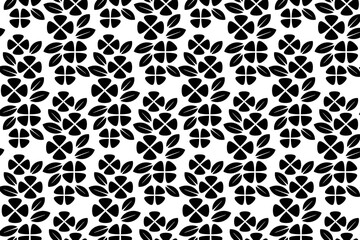 Abstract floral seamless pattern. Black and white stylized, decorative design. Endless repeating monochrome pattern with flat floral design elements.