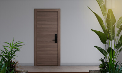 Door way with digital locking on wood door. Digital door handle with wood oak door panel..