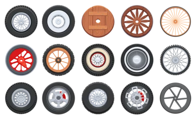 Gordijnen Cartoon transport wheel. Sport car tires, vintage wooden cart, old train and bicycle wheels vector elements set © WinWin
