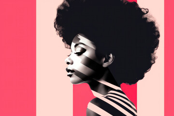 AI illustration of gorgeous young African American female with curly dark hair and makeup looking against striped white and pink background