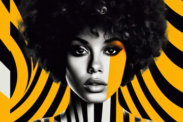 self assured young ethnic female model with dark Afro hair in striped shirt looking at camera against black and yellow background
