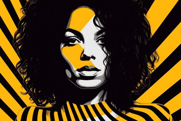 self assured young ethnic female model with dark Afro hair in striped shirt looking at camera against black and yellow background