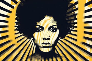 retro styled illustration of young African American female model with curly dark hair looking away against striped yellow black and gray background