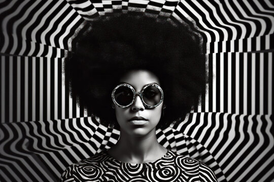 black and white of serious young African American millennial with curly dark hair in trendy sunglasses looking at camera against striped background
