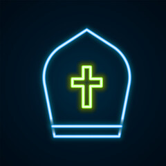 Glowing neon line Pope hat icon isolated on black background. Christian hat sign. Colorful outline concept. Vector