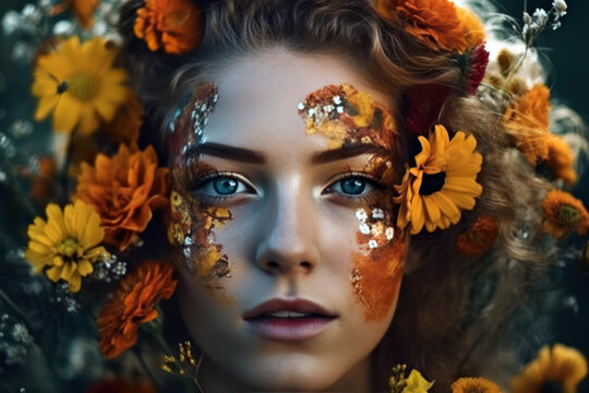 Generative AI illustration of gracious young female model with fresh daisies in curly blond hair and blue eyes looking at camera in daylight