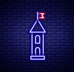 Glowing neon line Castle tower icon isolated on brick wall background. Fortress sign. Colorful outline concept. Vector