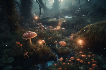 Naklejka na ściany i meble A mystical woodland filled with glowing mushrooms and gemstones. Generative AI