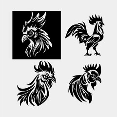 set of Rooster silhouette vector,poultry chickens roosters vector