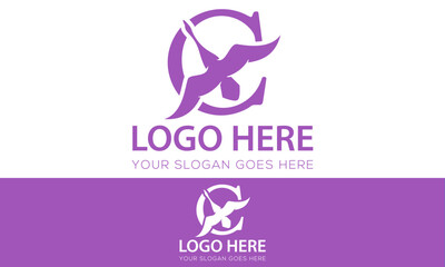 Purple Color Flying Animal Swan Initial Letter C Logo Design