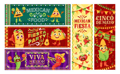 Mexican restaurant food banners. Nachos, tacos and burrito fiesta style food court flyers. Viva Mexico meals cartoon vector template set