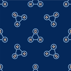 Line Chemical formula for water drops H2O shaped icon isolated seamless pattern on blue background. Vector
